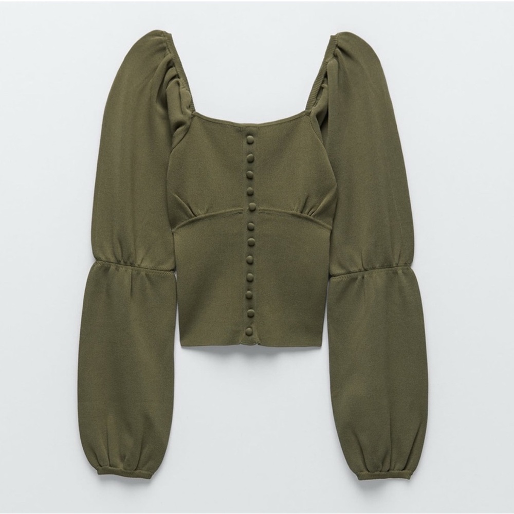 Zara Olive Green Puff Sleeve Crop Blouse Size M - Picture 4 of 12
